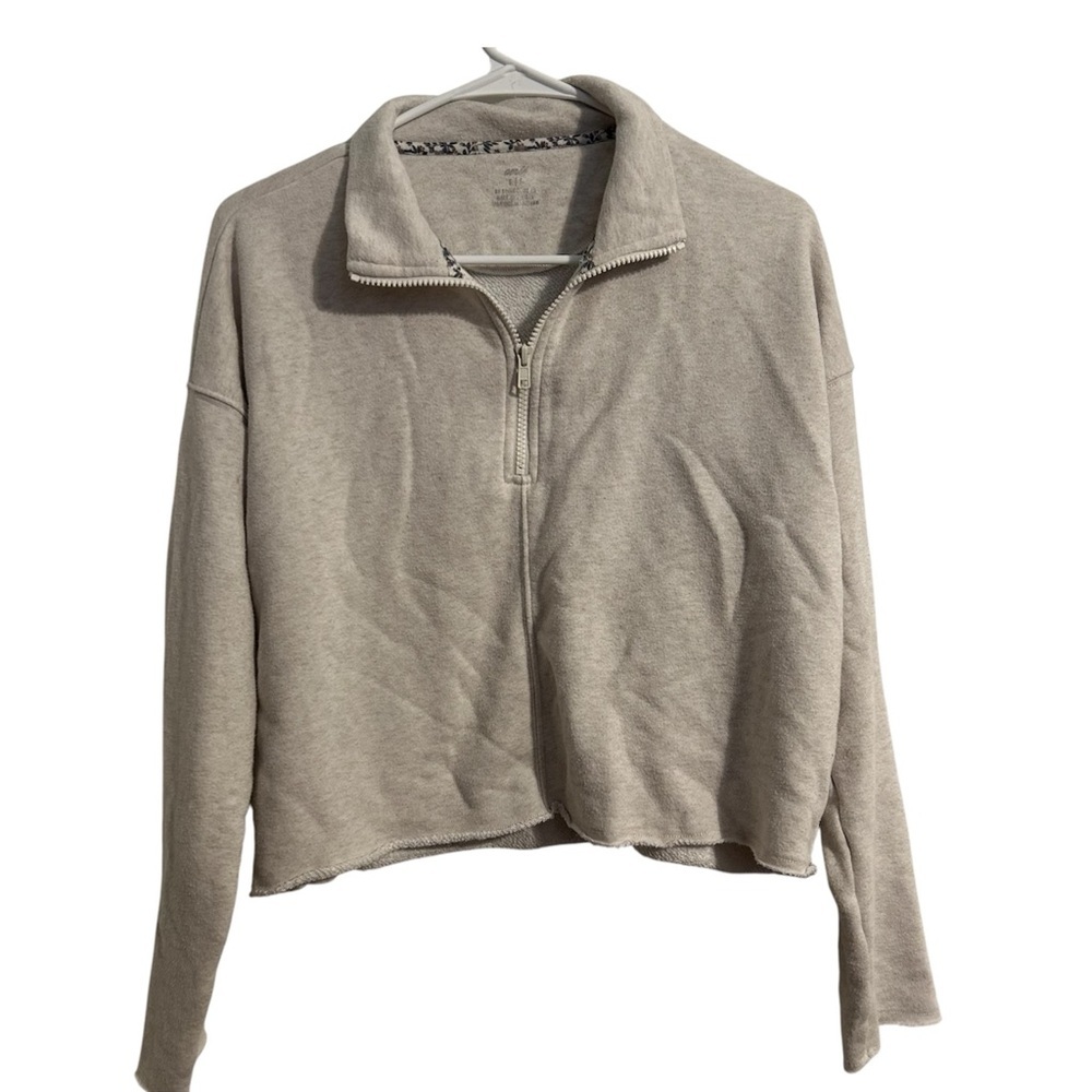 Aerie Ivory White Long Sleeve Mid Zip Collared Pullover Comfy Oversized Sweater